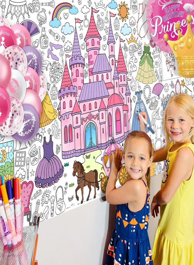 JOYGATHER Princess Coloring Tablecloth for Kids, Giant 30x72 Inch Poster with Castles, Crowns, Fairy Tale Icons, Perfect for Girls Princess Party Games, Royal Decorations, Celebration Supplies - Image 4
